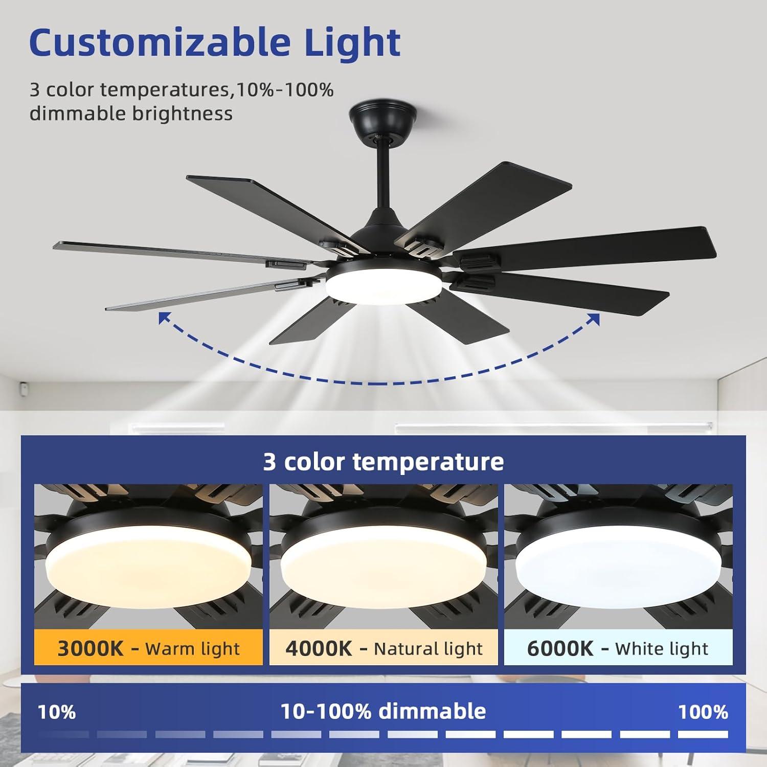 52 Ceiling Fans with Lights and Remote, Black Modern Ceiling Fan with 8 Dual Finish Blades,Quiet Reversible Motor，Farmhouse Ceiling Fan with RGB Lights for Bedroom,Living Room,Patios