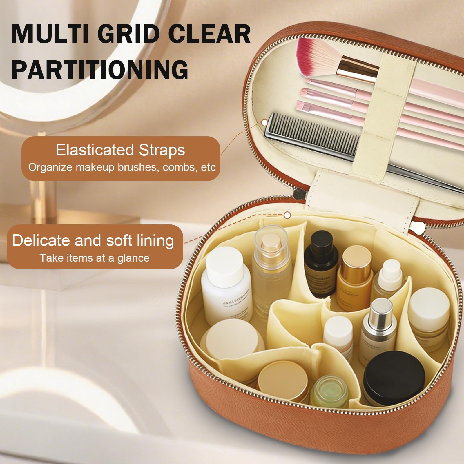 Beauty Case da Donna, Borsa per Trucco per Donne, Organizer con Divisore Rimovibile, Beauty Case da Viaggio in pelle per Cosmetici con Guscio Rigido, Organizer per Trucchi, Regalo Donna(Marrone)