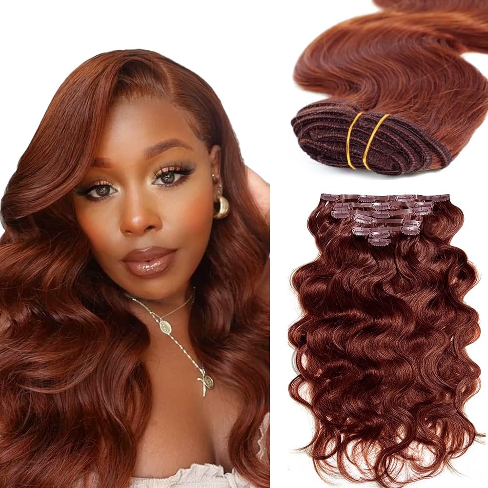 Photo 1 of #33 Reddish Brown Clip in Hair Extensions Human Hair, Copper Red Body Wave Remy Human Hair Extensions Clip ins for Women, 20 Inch 120g 7Pcs, Auburn Brown Hair Extension