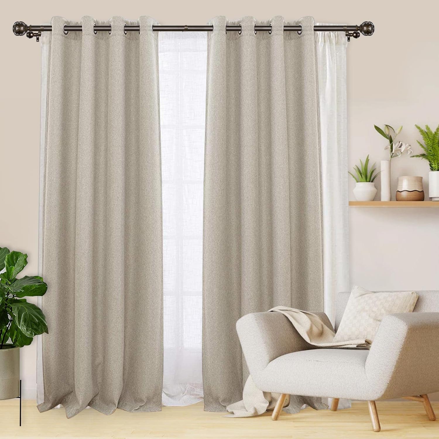 KAMANINA Bundle of 36-72" Double Curtain Rod and Matched Holdbacks 1 Pair, Netted Texture Finials, Antique Bronze
