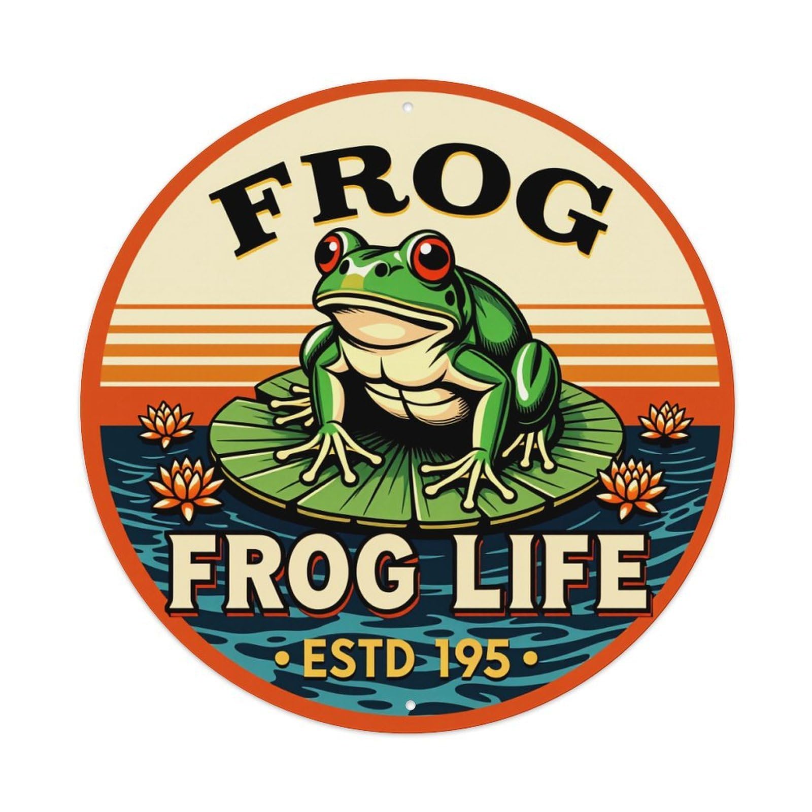 Frog On Lily Pad Water Lilies Round Tin Sign Vintage Metal Poster Retro Bar, Home, Man Cave, Kitchen, Laundry Room Wall Art Decor Gift 8x8Inch