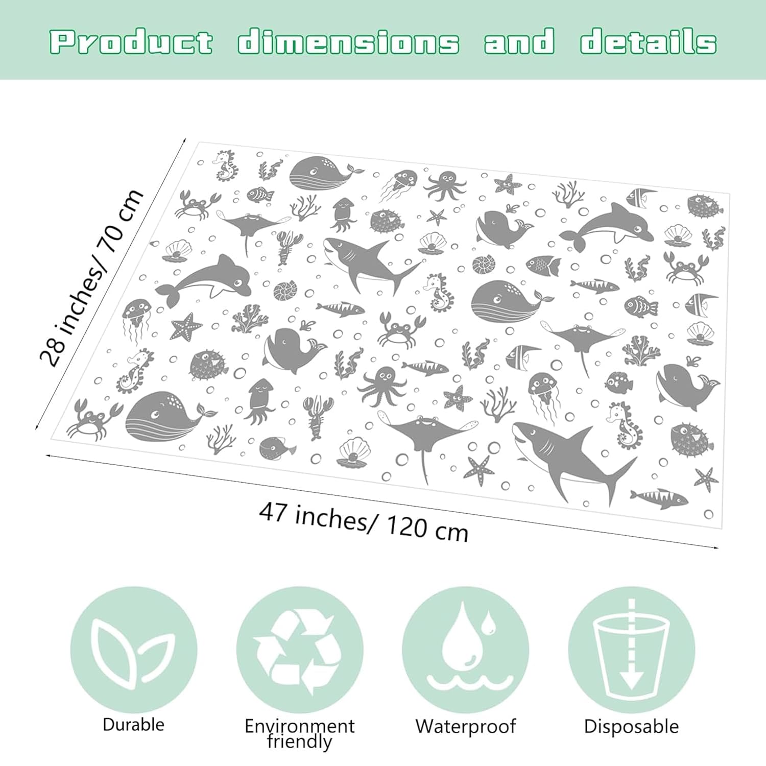 Drydiet 100 Pack 28"x47" Disposable Floor Splat Mats for Under High Chair with Animals Print, Waterproof Plastic Floor Mat Multipurpose Baby Led Weaning Supplies(Sea Animal)