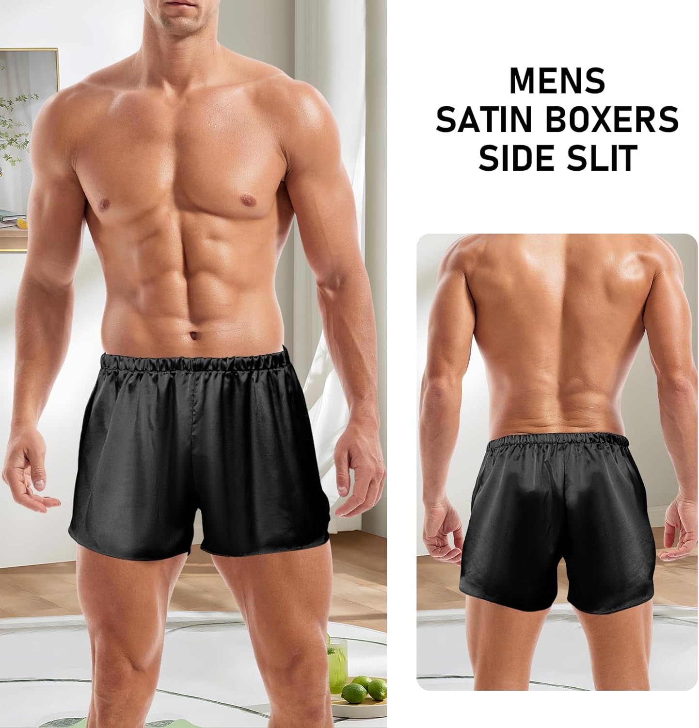 Mens Satin Boxers 3 Inch Inseam Silk Shorts Sexy Underwear Pajama Bottoms Large Sides Split - Image 2