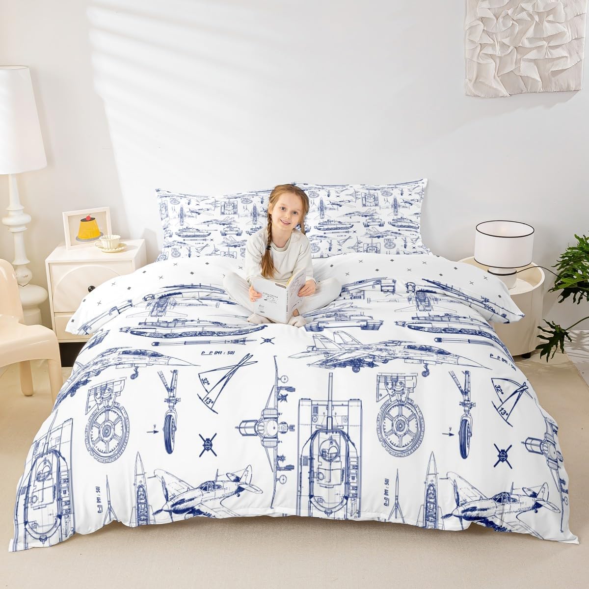 Aircraft Tank Duvet Cover Set Full Size,Kids Boys Plane Cars Transport Vehicles Bedding Set for Teens Men Adult Room Decor,Military Style Comforter Cover Modern Navy White Quilt Cover,2 Pillowcases