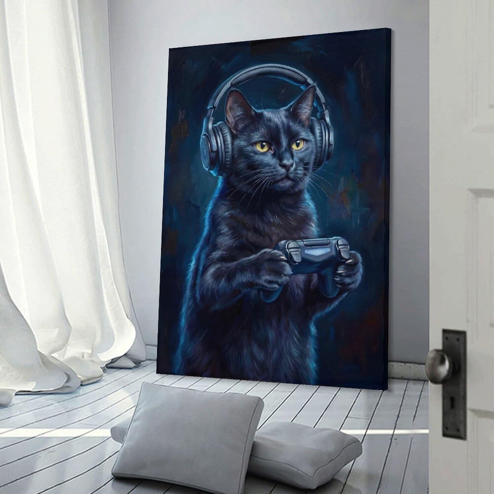 Junmoney Frame-Style-1 Black Cat Gamer Canvas Wall Decor, 24X36inch(60X90cm), For Wall Displays, Bedrooms Or Room Updates, Wall Decor Suited To Curated Displays