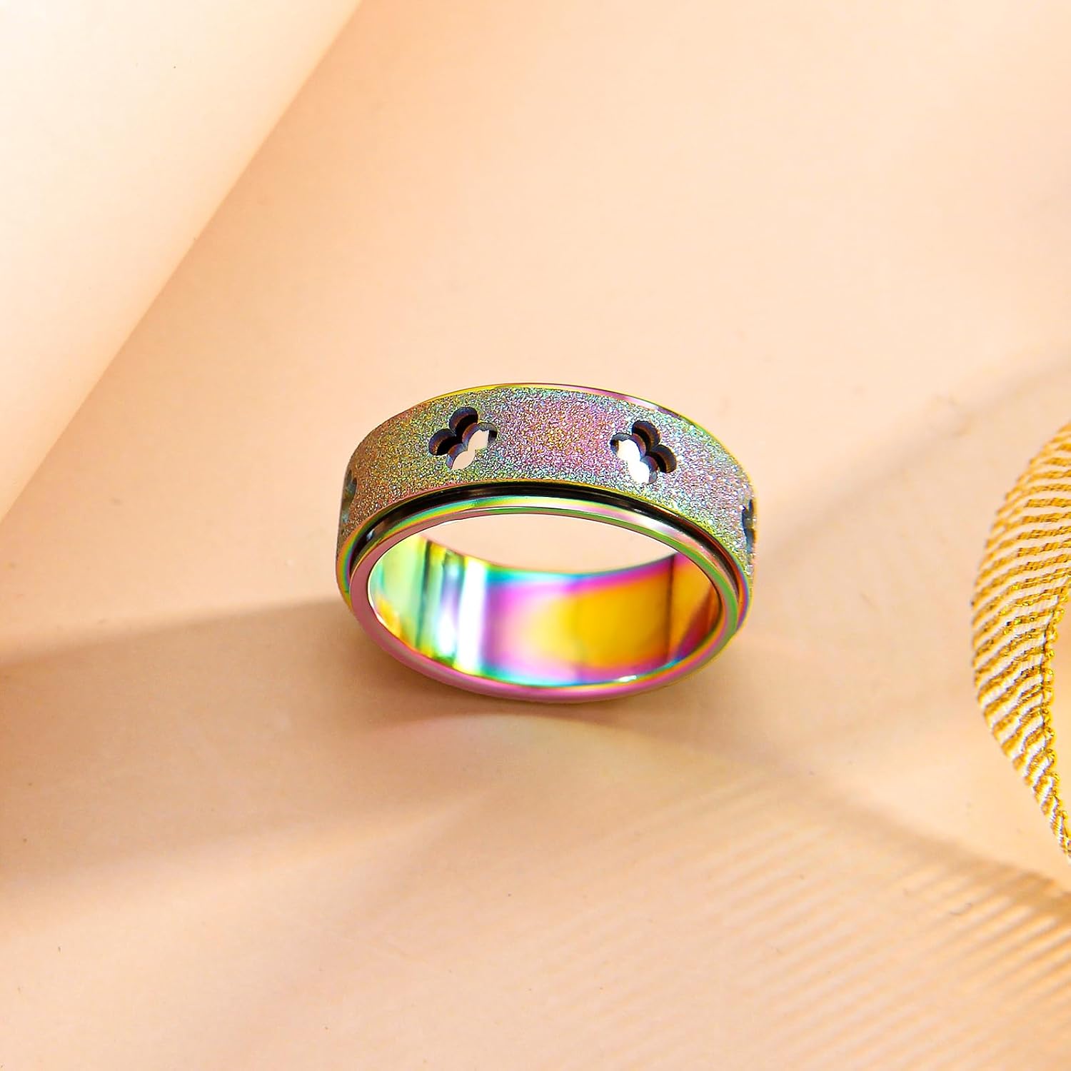 Anxiety Spinner Ring for Women - Stainless Steel Fidget Spinner Ring, 8mm Band Thumb Roating Rings for Stress Relief for Adults Ring Size 6 7 8 9 10