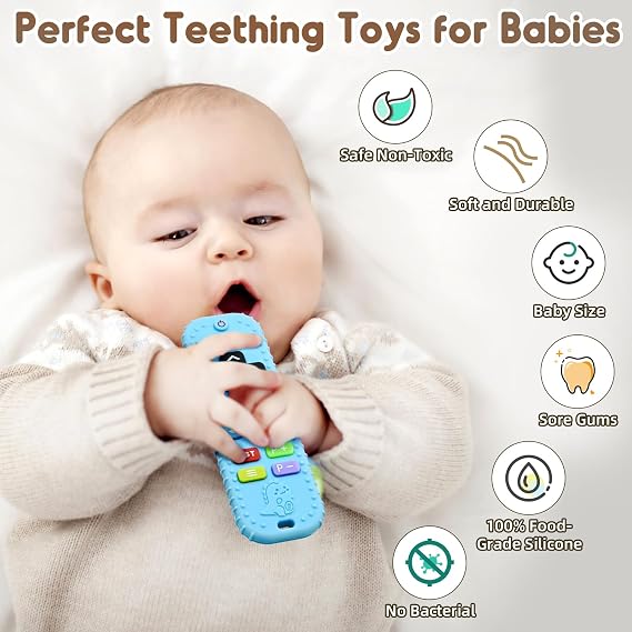 Teething Baby Toys 3-6 Months, Soft Silicone Remote Control Teethers Toys for Babies 6 to 12 Months, Teething Infant Chew Set for Newborn Boys Girls Baby Shower Gifts, Blue