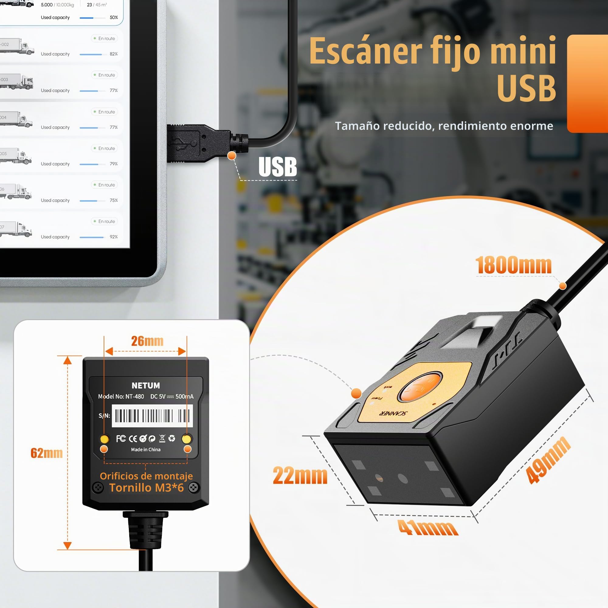 Escáner de código de barras NETUM NT-480 de montaje fijo, escáner de código QR 1D 2D industrial con conexión USB, escáner integrado de detección automática para quiosco, transportador, POS