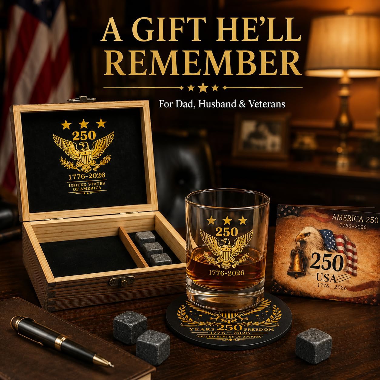 250th Anniversary USA Whiskey Glass Set for Men 1776-2026, Patriotic Gift Set with Wooden Box, Old Fashioned Glass, Whiskey Stones, Coaster & Commemorative Card for Dad Husband Veterans image 4