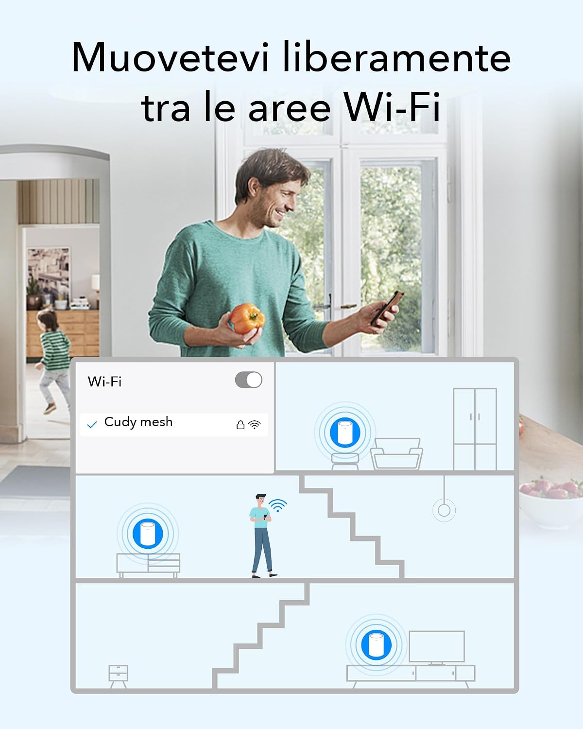 Diagram illustrating seamless WiFi roaming in a multi-story home