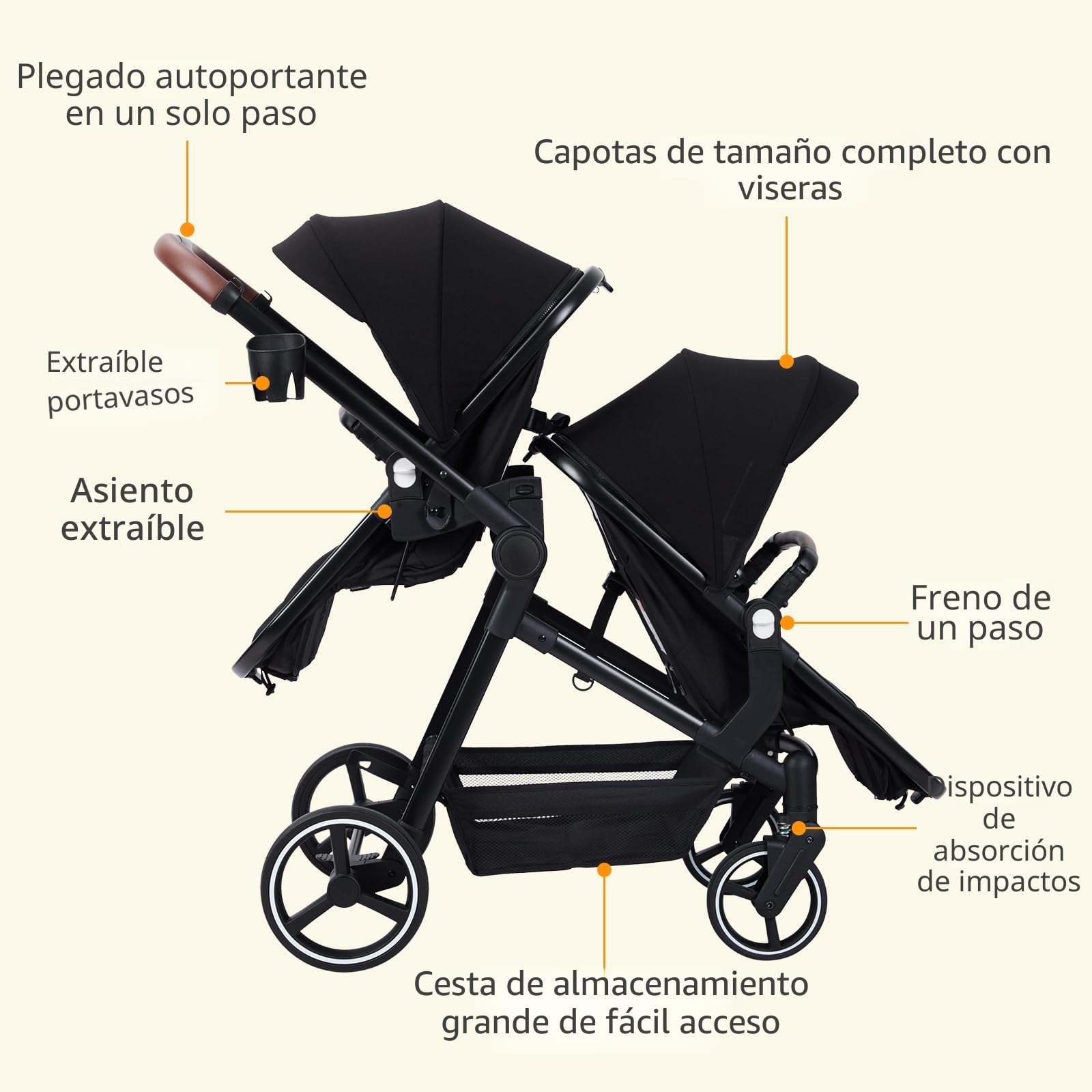 Cochecito doble para dos niños, con función reclinable, respaldo ajustable, plegable, de 0 a 36 meses