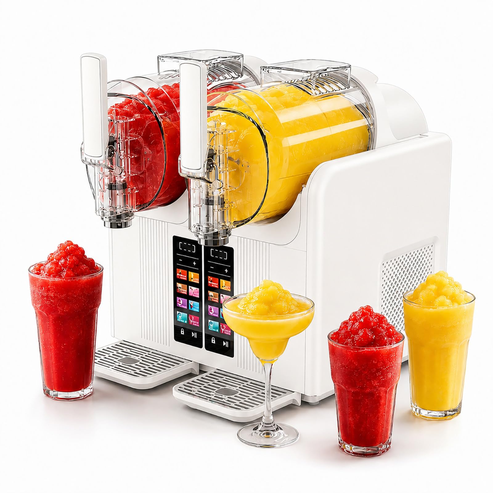 vnmudzeo Freeze Drink Machine, Dual Tank - 4000ml Slushy Maker with Fast Cooling, Touchscreen, Auto Clean for Beverage Shops White