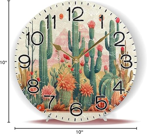 Miniatura 8 de Cactus in Desert3 - Reloj de pared con pilas, sin tictac, silencioso, de cuarzo, analógico, rústico, estilo rural, redondo, decoración retro para el