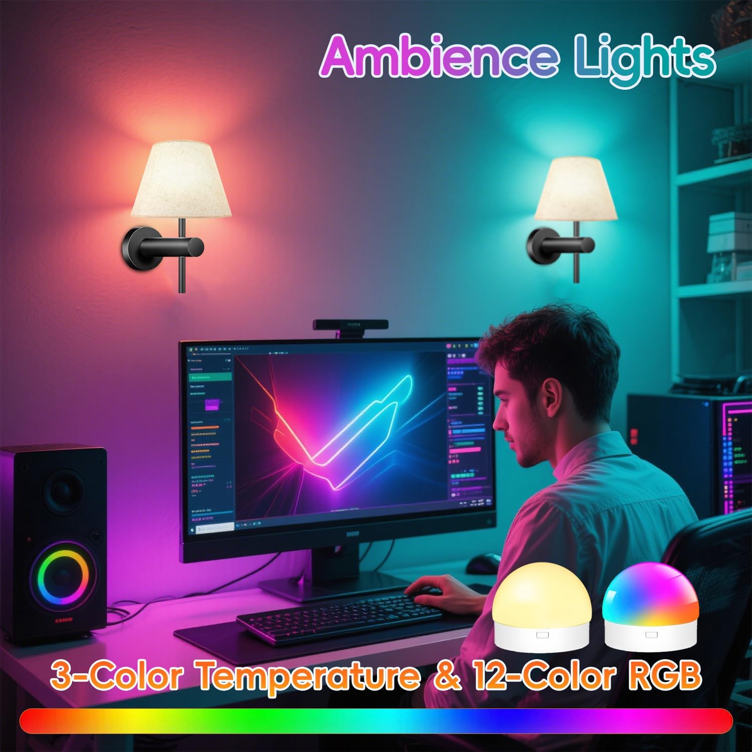 10000mAh Battery Operated Wall Sconces Set of Two, RGB Wireless Rechargeable Wall Lights with Magnetic Bulbs Wall Decor Wall Lamps with Remote for Bedroom/Fireplace/RV/Living Room/Corridor