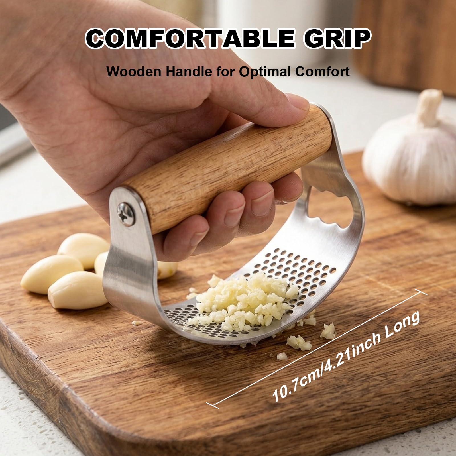 Prensa Ajos Acero Inoxidable con Mango de Madera Ergonómico, 2-en-1 Garlic Press & Abrebotellas, Incluye Pelador Silicona, Cepillo Limpieza, Machacador de Ajos para Picar Jengibre Fácilmente