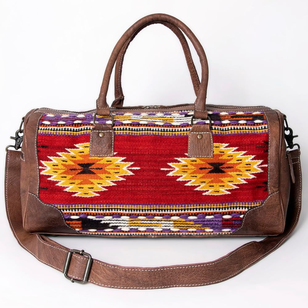 American Darling Western Duffel Bag – Handwoven Saddle Blanket with Genuine Leather Trim, Spacious Travel and Weekend Tote