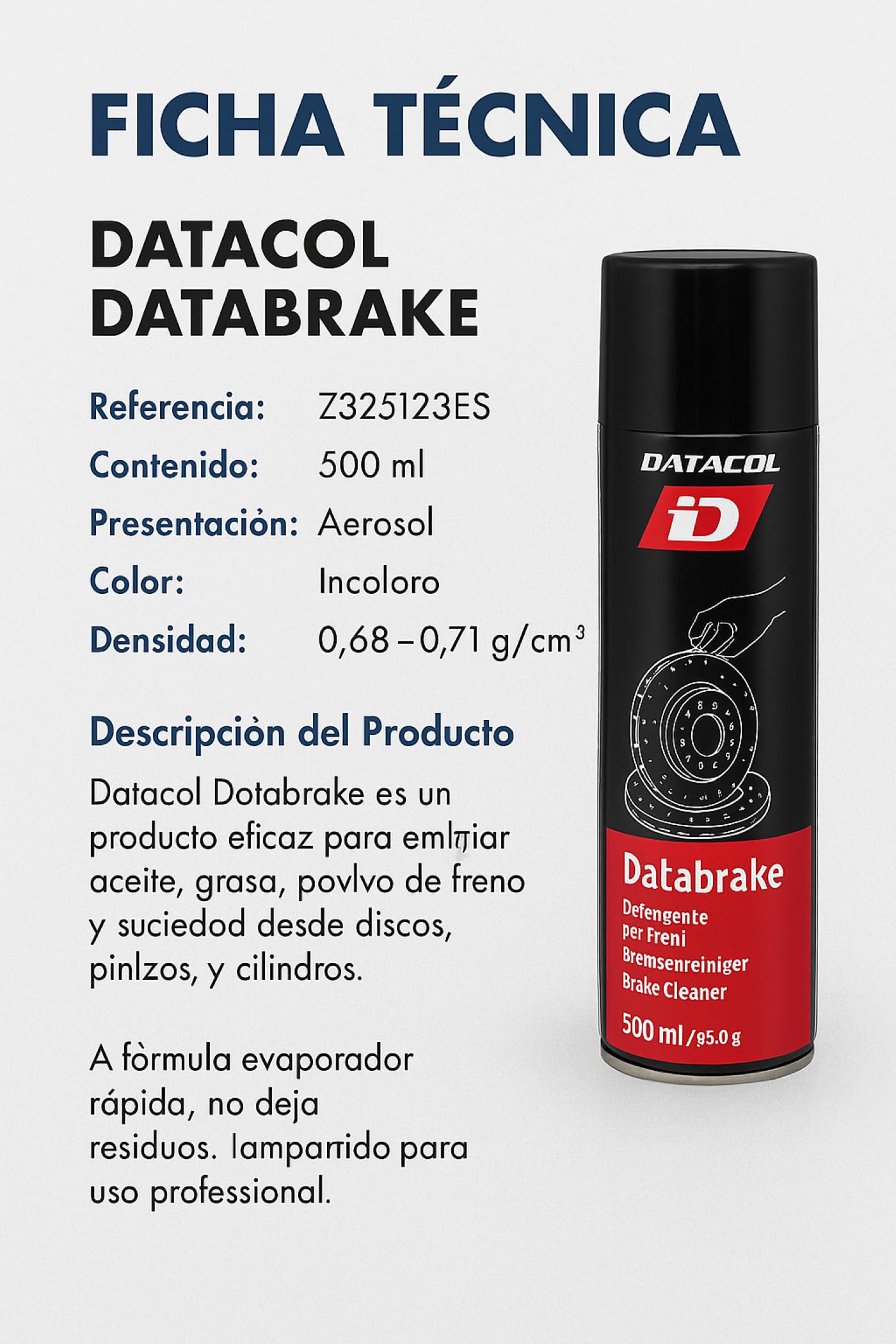 Datacol Databrake – Limpiador de Frenos en Spray 500 ml | Desengrasante Profesional para Discos y Pinzas | Evaporación Rápida Sin Residuos | Pack de 12