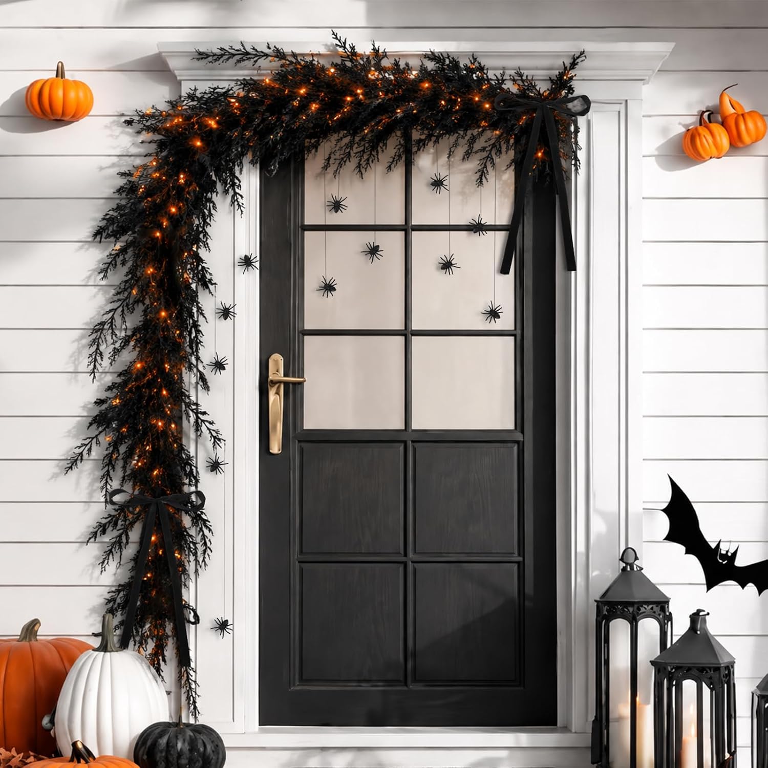 Thiccywoov Lighted Black Halloween Cedar Garland with 20 Spiders & 2 Bows