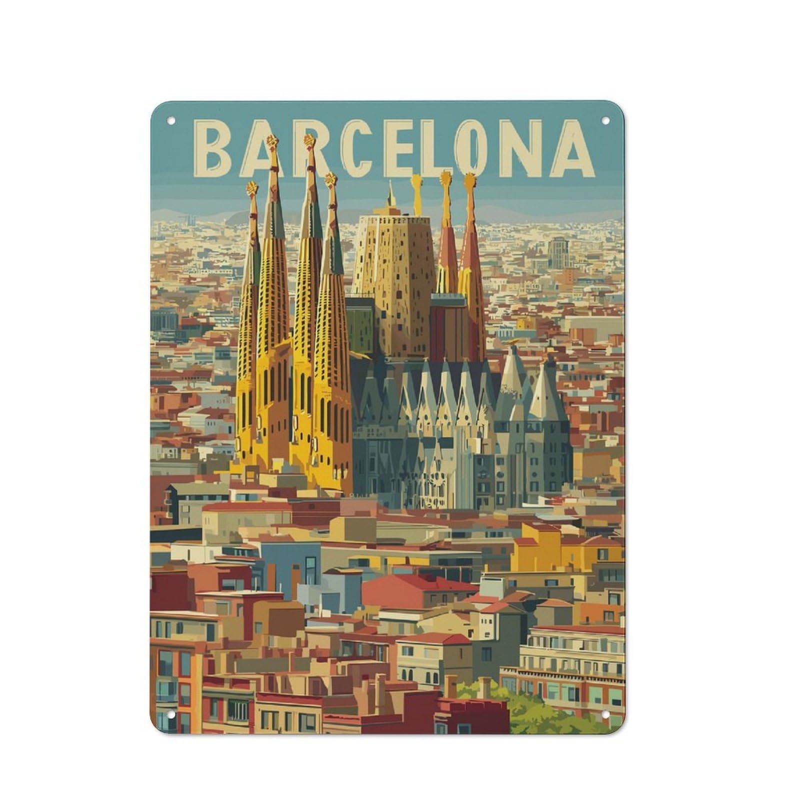 Junmoney Style-2 Barcelona Cityscape With Sagrada Familia(4) Printed Metal Sign 40X30cm For Dining Room Or Kitchen, For Kitchen Wall Decor Lovers