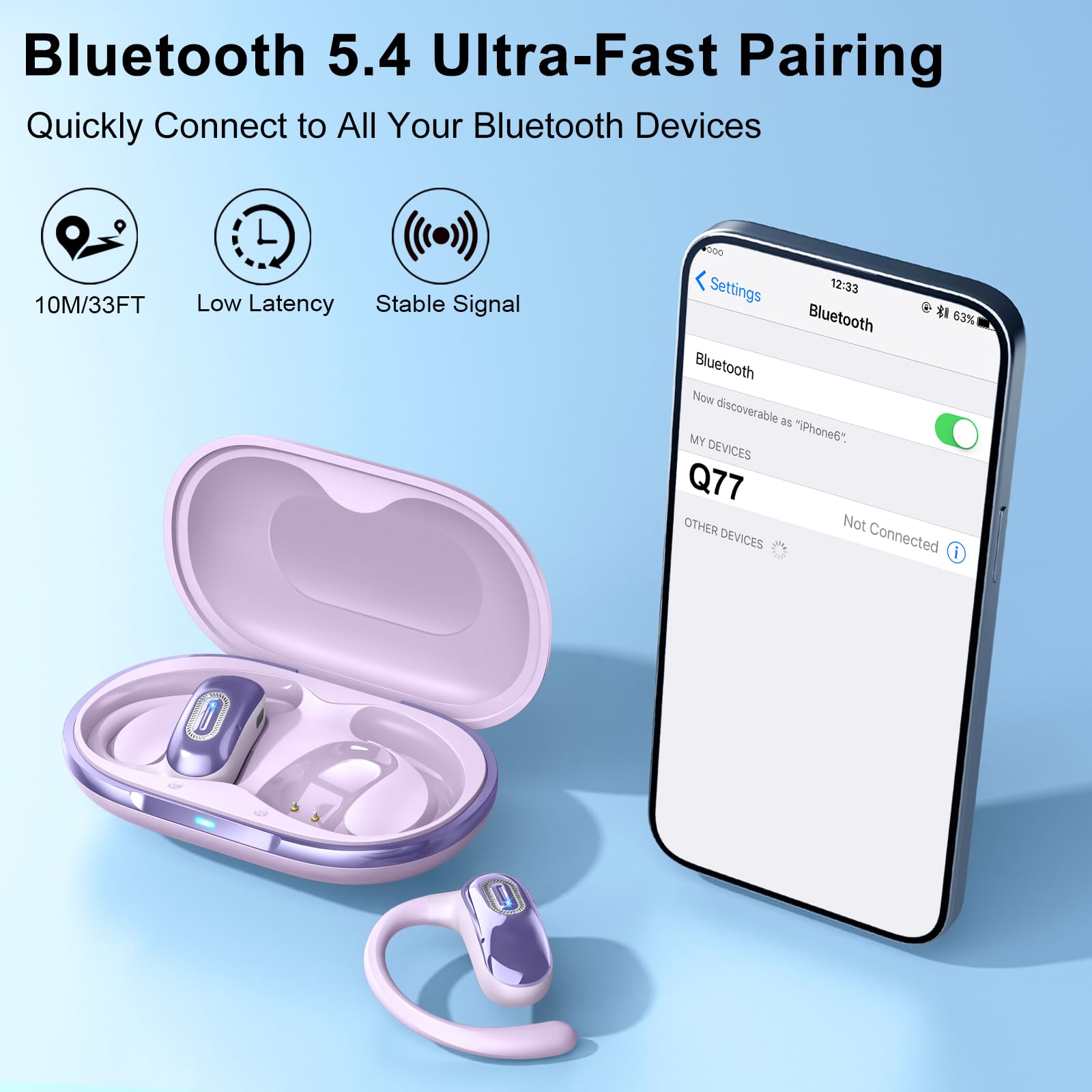 Cuffie Open Ear,Cuffie Bluetooth Sport 5.4, 50 Ore, Auricolari Wireless con Ganci, Stereo HD, Auricolare Confortevole, Controllo Tattile, Impermeabili IPX7, Auricolari Running per Corsa Ciclismo,Viola