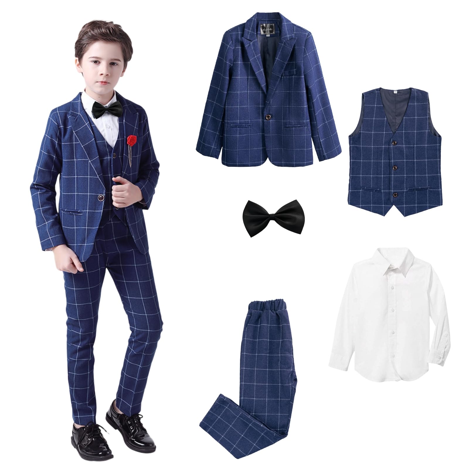 LOLANTA Abito da Cerimonia per Bambino 5 Pezzi, Completo a Quadri per Matrimonio, Compleanno e Ballo, Giacca, Gilet, Pantaloni, Camicia e Papillon