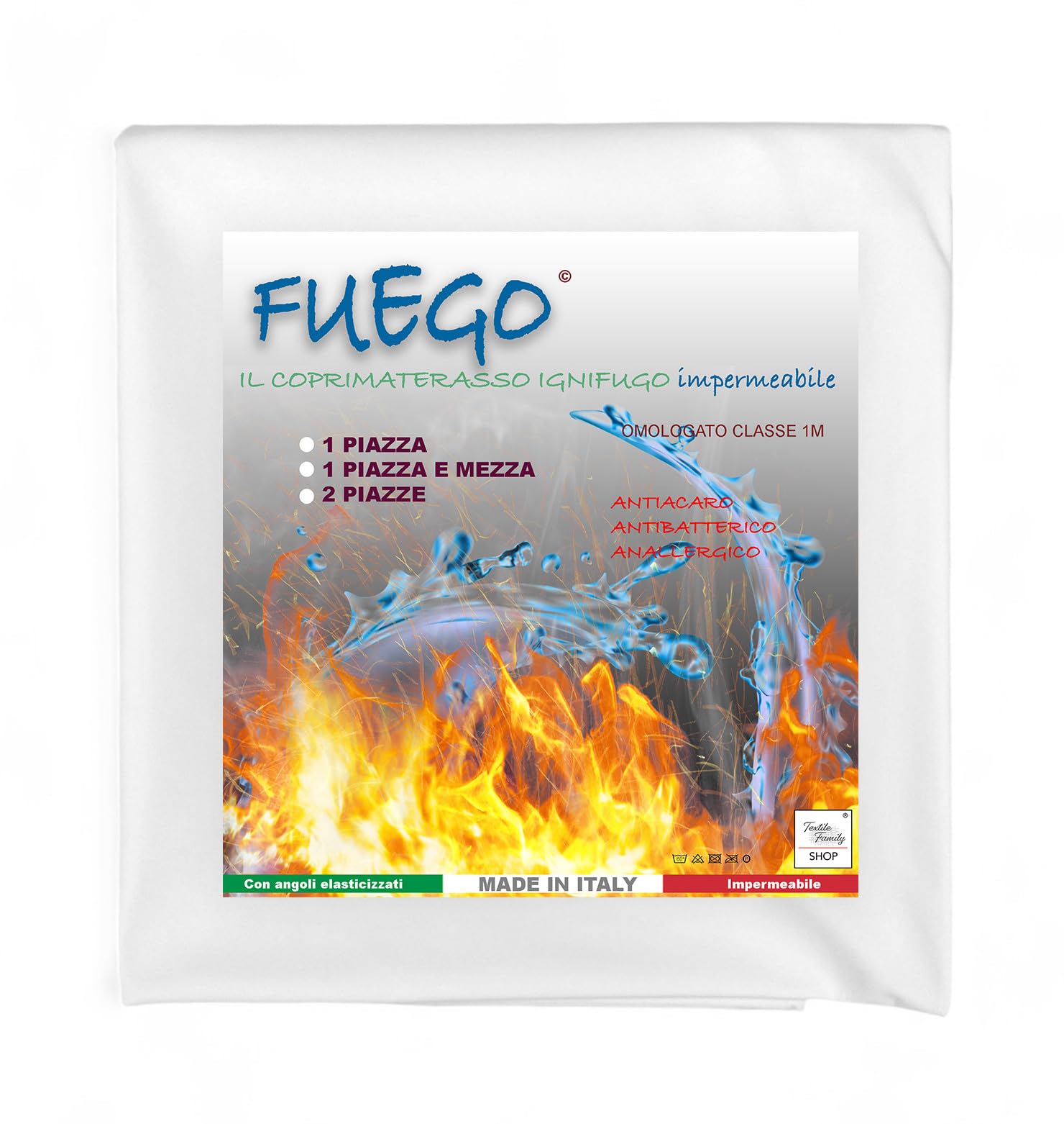 Coprimaterasso Impermeabile "FUEGO" Antiacaro Ignifugo Classe 1, Elastico, Linea Alberghiera, Made in Italy - 1 PIAZZA