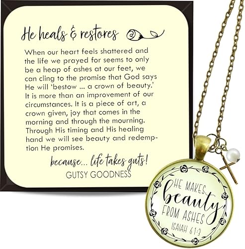 Beauty from Ashes Necklace Boho Style Faith Jewelry for Women 24" Chain, Bible Verse Pendant, Cross Charm - Handmade & Affectionately Boxed Beauty from Ashes Necklace Boho Style Faith Jewelry for Women 24" Chain, Bible Verse Pendant, Cross Charm - Handmade & Affectionately Boxed
