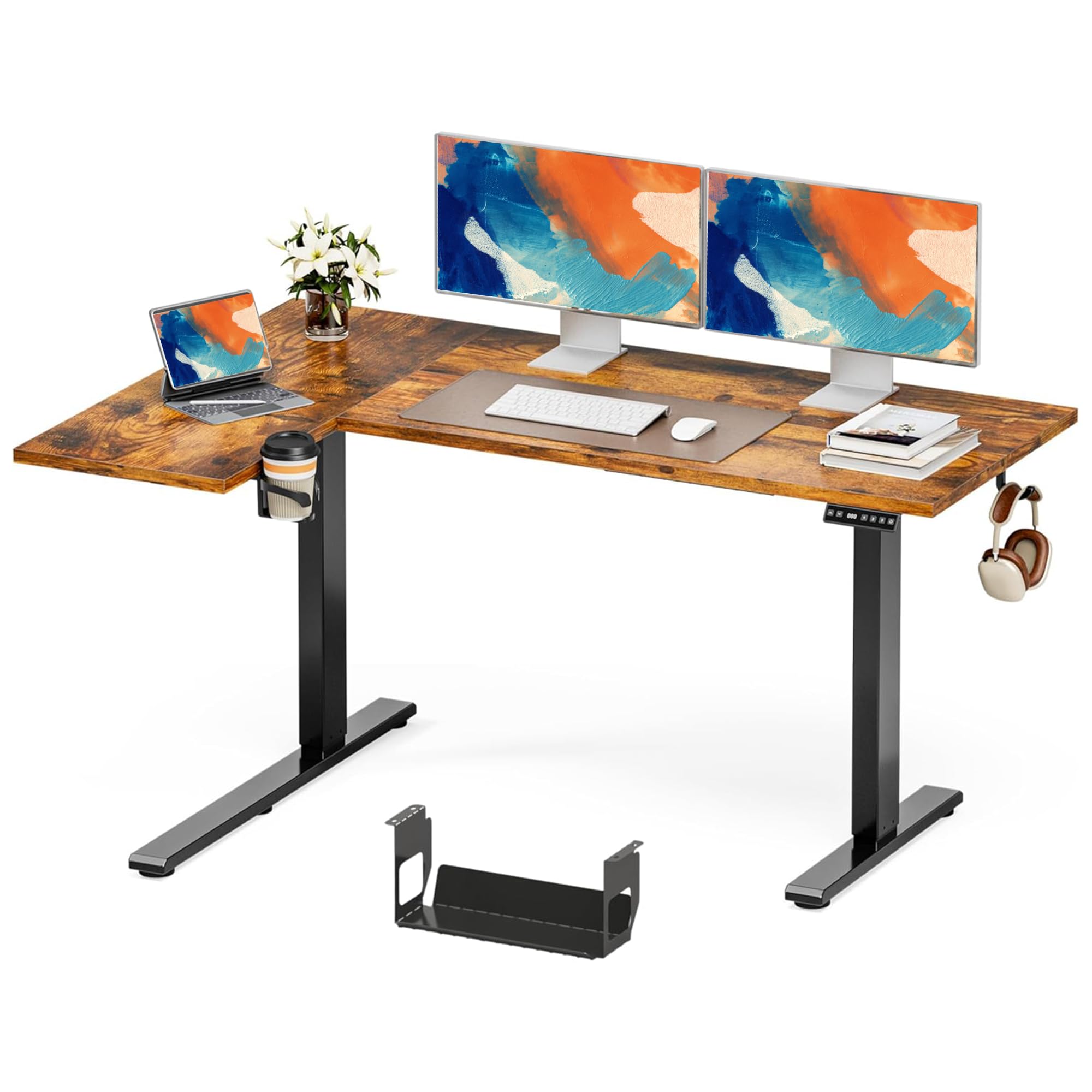 Muvai L Shaped Standing Desk with Cable Management Tray, 59 Inch Height Adjustable Electric Standing Corner Desk, Sit Stand Up Work Table for Home Office with Reversible Splice Board, Rustic Brown