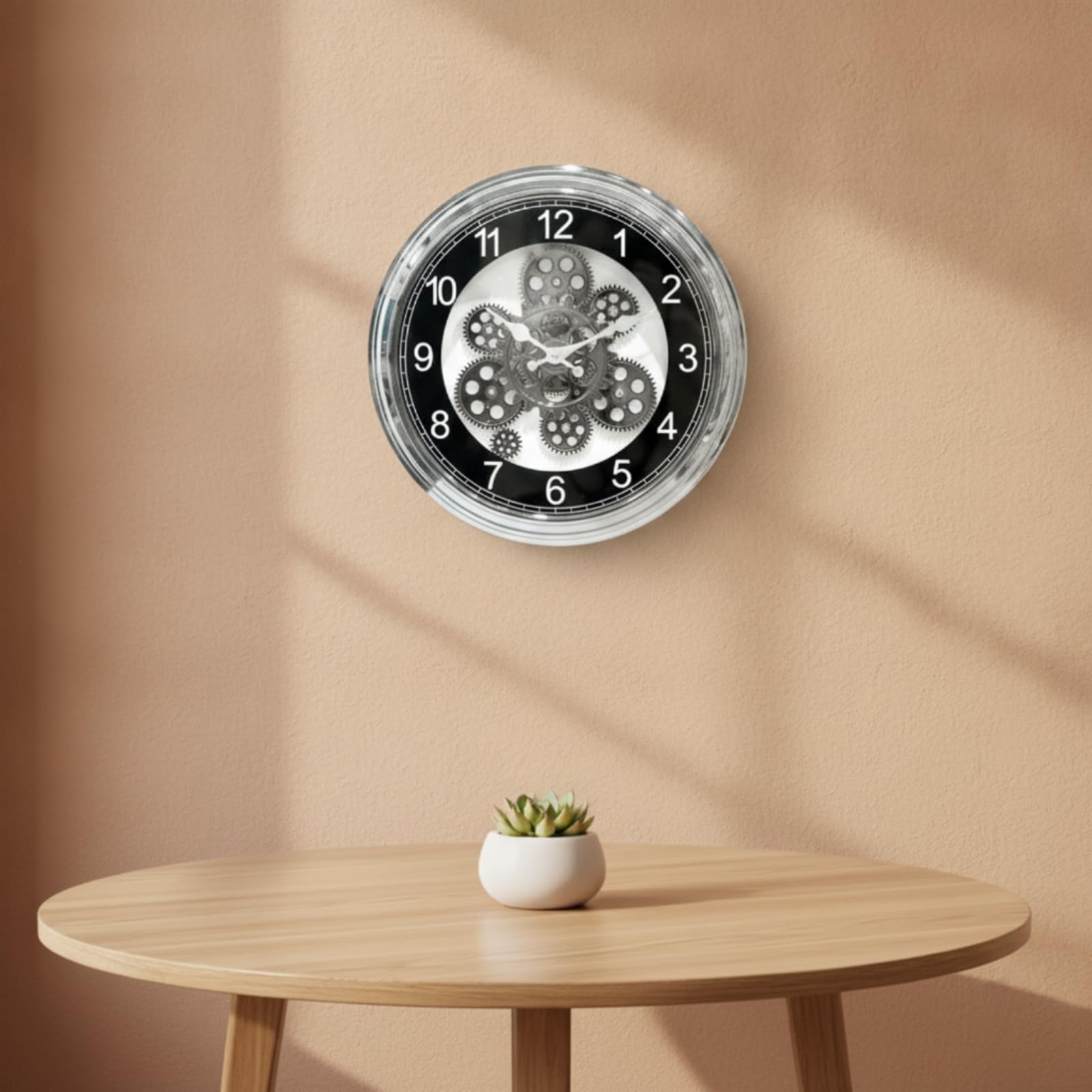 Reloj de Pared Analógico Redondo con, Reloj De Pared con Engranajes Visibles, Números Arábigos, Esfera Negra Y Marco Plateado