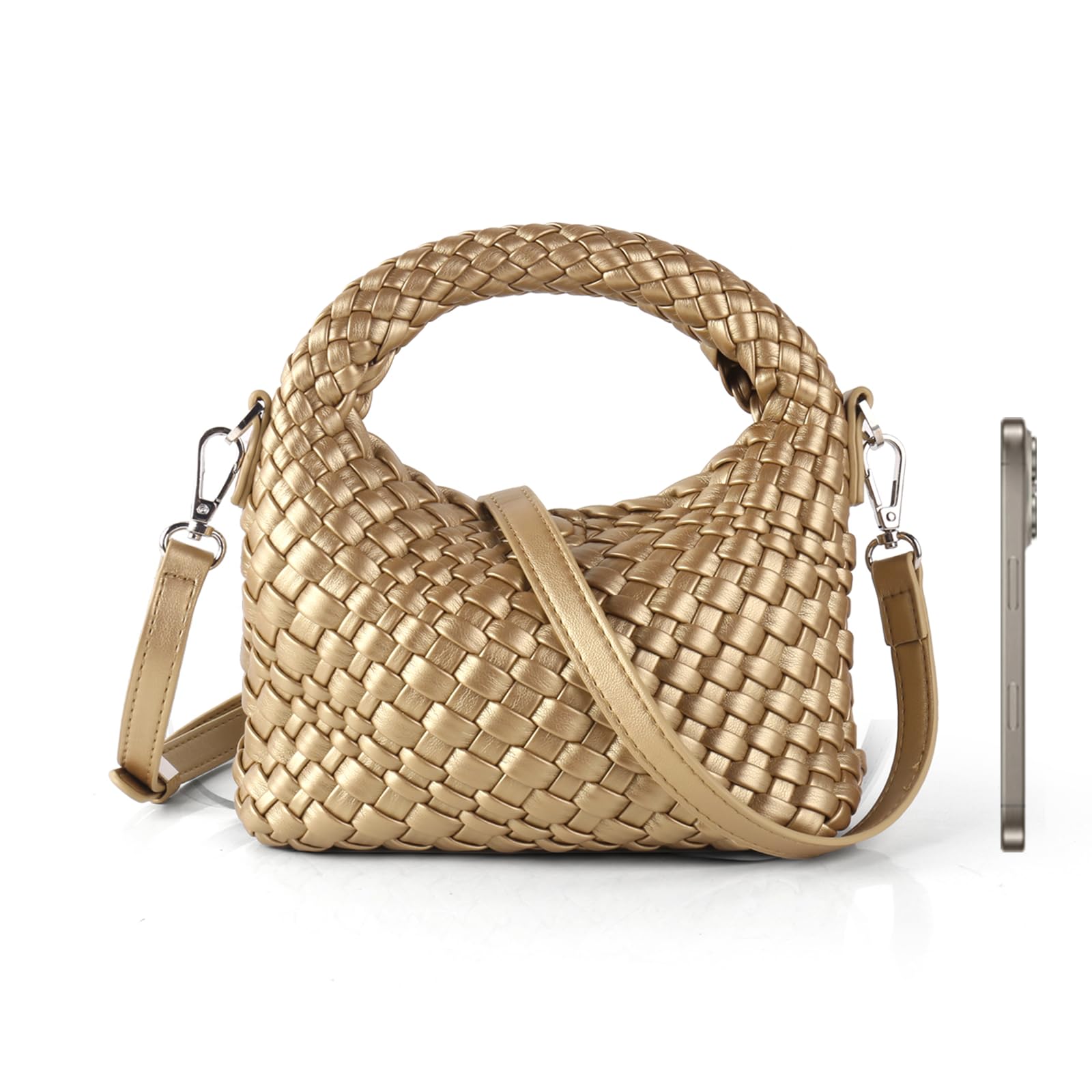 CAPTAIN VIKINGS Woven Handbag For Women, Small Metallic Purse with Detachable Crossbody Strap, Girls Daily Top Handle Bag