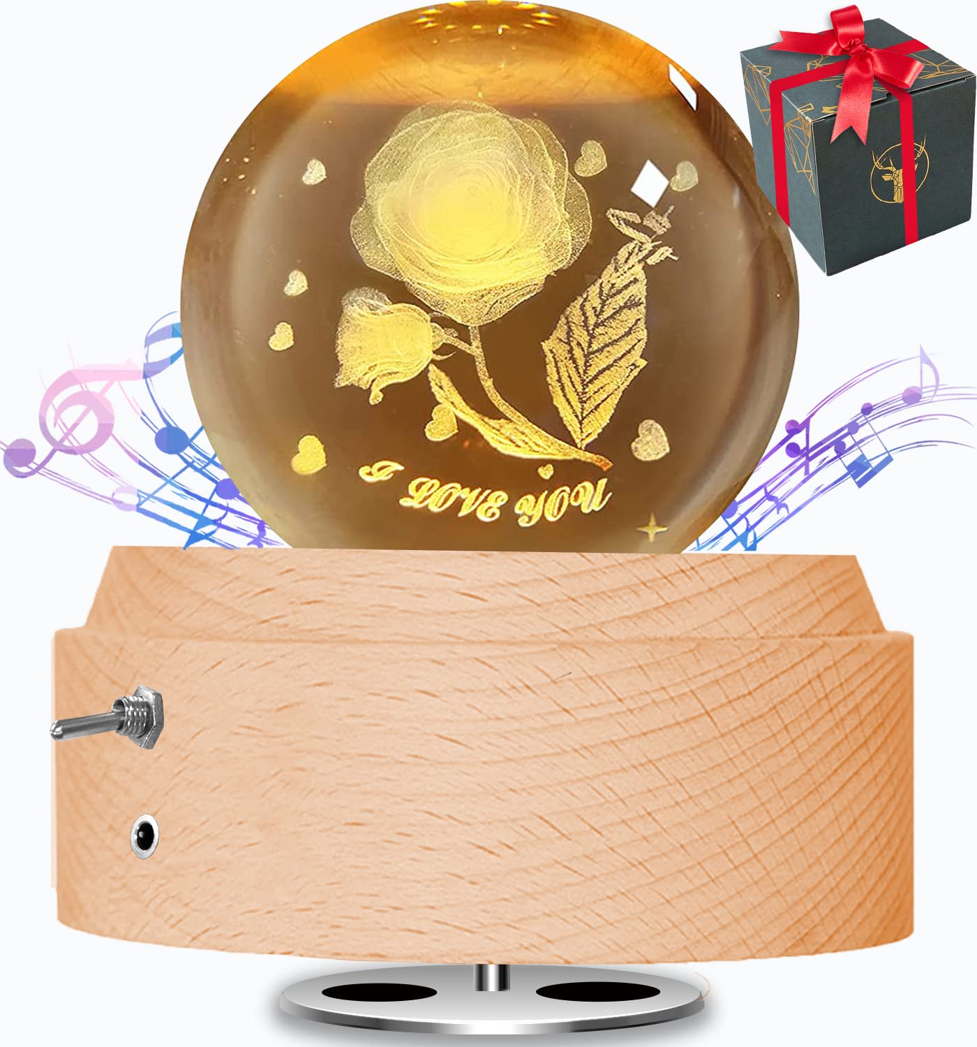 BIAOQINBO Caja de música de cristal con 3D K9 cristal 3D, base de madera, luz nocturna con proyección, regalos para mujeres, regalo de cumpleaños, San Valentín