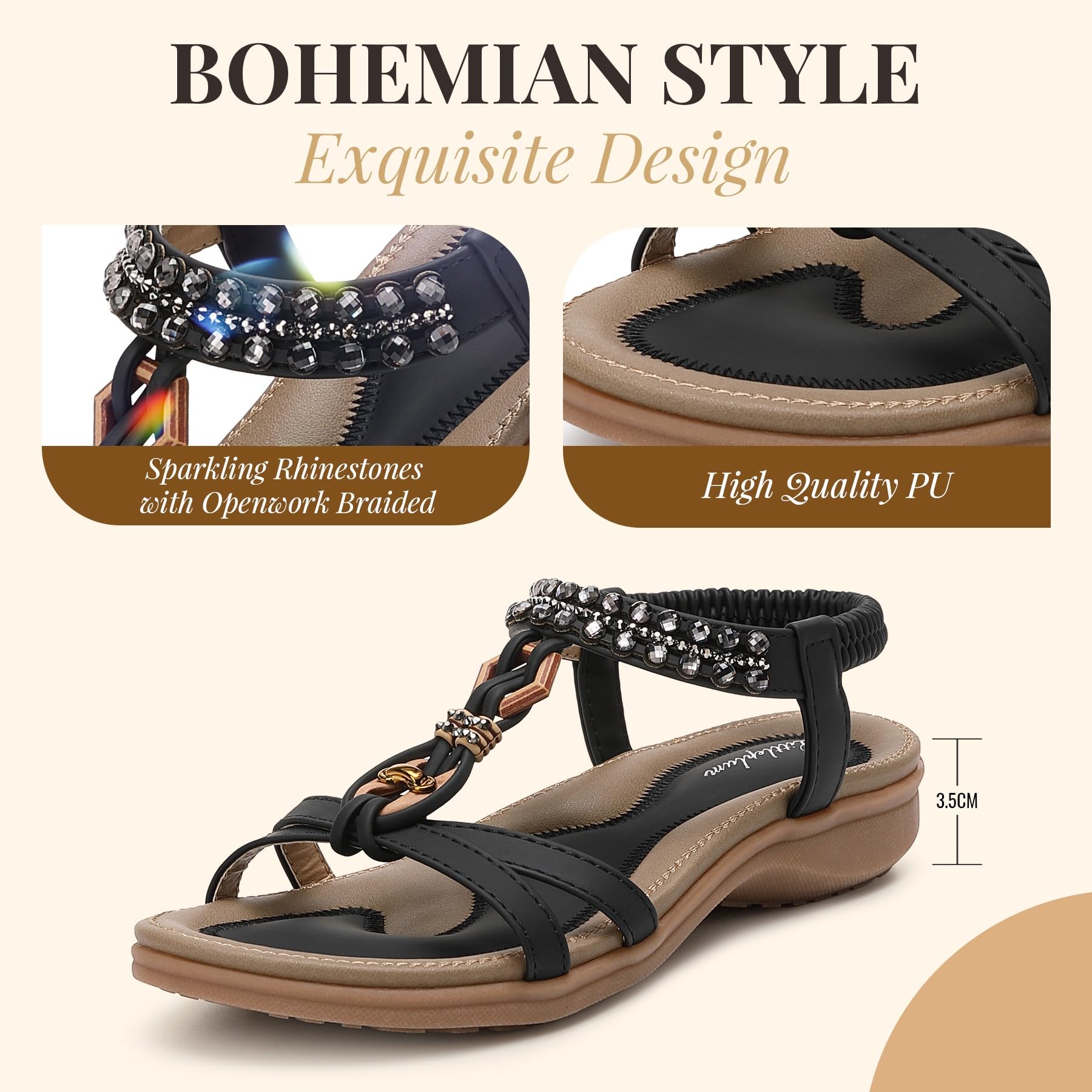 Littleplum Sandalen Damen Sommer Flache Sandalette Bohemia Sandals mit Strass Perlen Freizeit Damen Strand Schuhe Sandalen