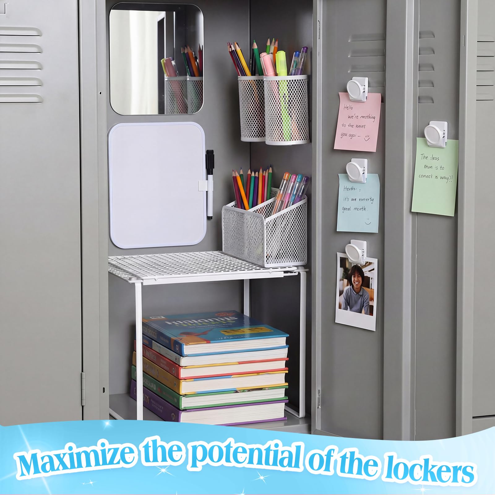 Colarr Étagère réglable pour casier avec accessoires magnétiques, étagère réglable de 26,1 à 38,1 cm avec porte-stylos magnétiques, étagères miroir pour casiers de salle de classe et d'école (blanc)