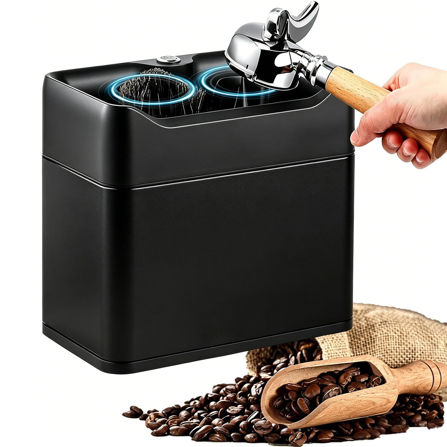 COAKUE Electric Espresso Portafilter Cleaner with 2 Scrapers for 58mm Baskets Black