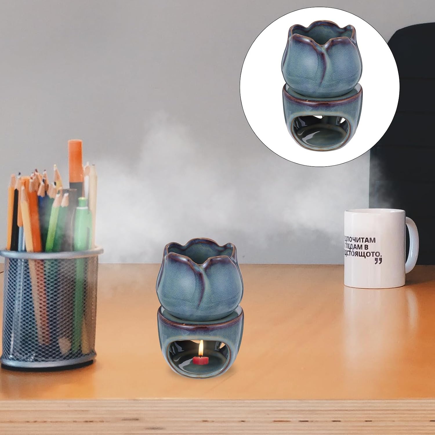 Operitacx Ceramic Tulip Incense Burner with Candle Holder Home Decor Aroma Stove Desktop Incense Stick Holder for Indoor Fragrance
