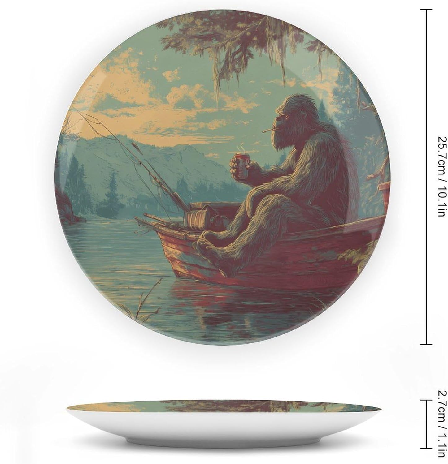 Bigfoot Fishing Drinking Smoking Decorative Plates for Display Ceramic Plate Tray with Stand Hanger Home Decor