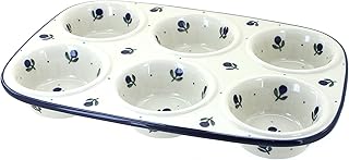 Blue Rose Polish Pottery - Blueberry Muffin Pan - 11.5" x 8" - Ceramic Baking Dish, 6-Cup Muffin & Cupcake Pan