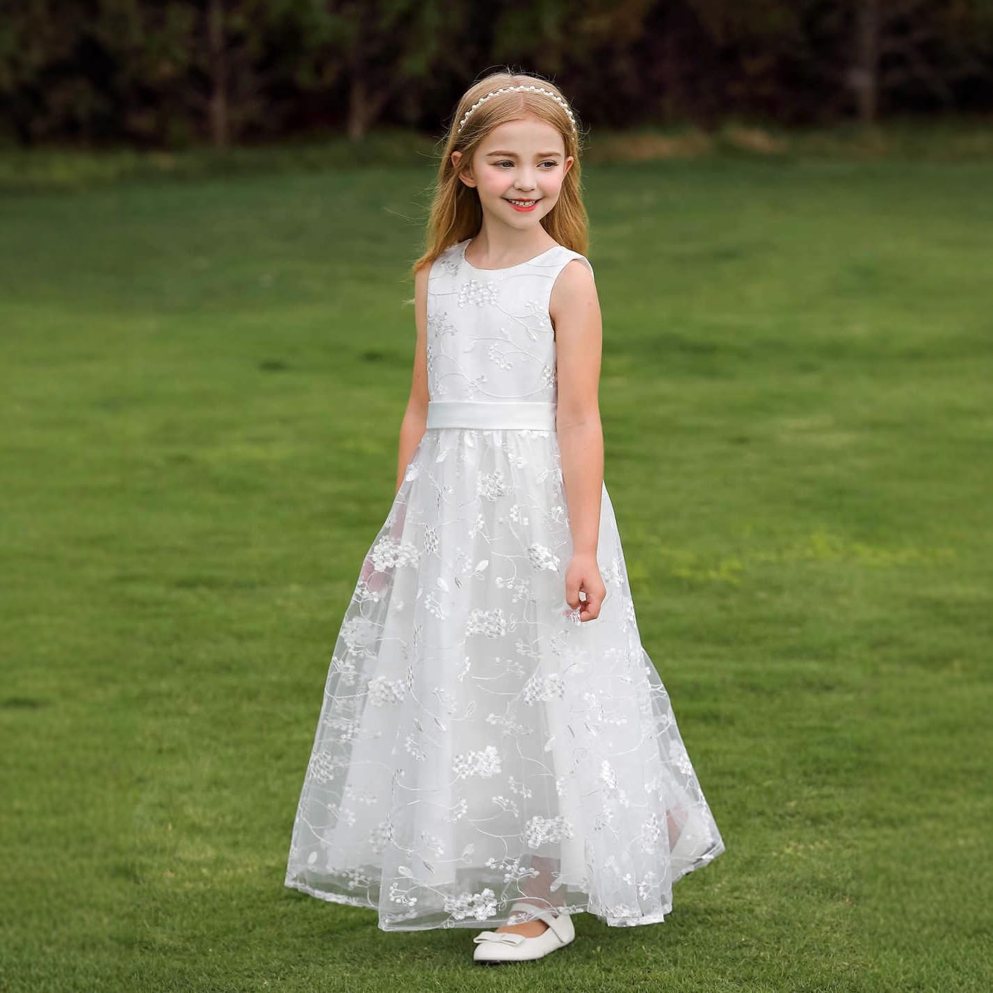 Odizli Prima Comunione Abito Ragazza Senza Maniche Pizzo Floreale Ricamo Matrimonio Lungo Vestito