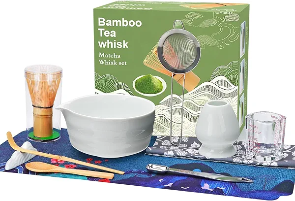 Matcha Whisk Set,11Pcs Matcha Set,Matcha Kit,Whisk Made from 100% Natural Bamboo, 11-component set for all your matcha-making needs,Contains stainless steel spoon, measuring cup(white)