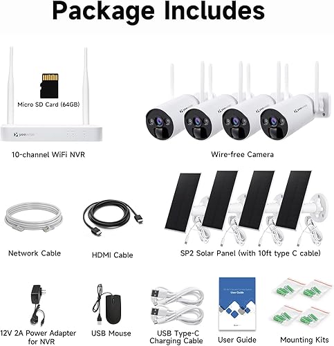 Miniatura 8 de YEEWISE Sistema de cámara de seguridad solar sin cables, cámaras alimentadas por batería de 4 MP con paneles solares, alimentación sin parar, NVR