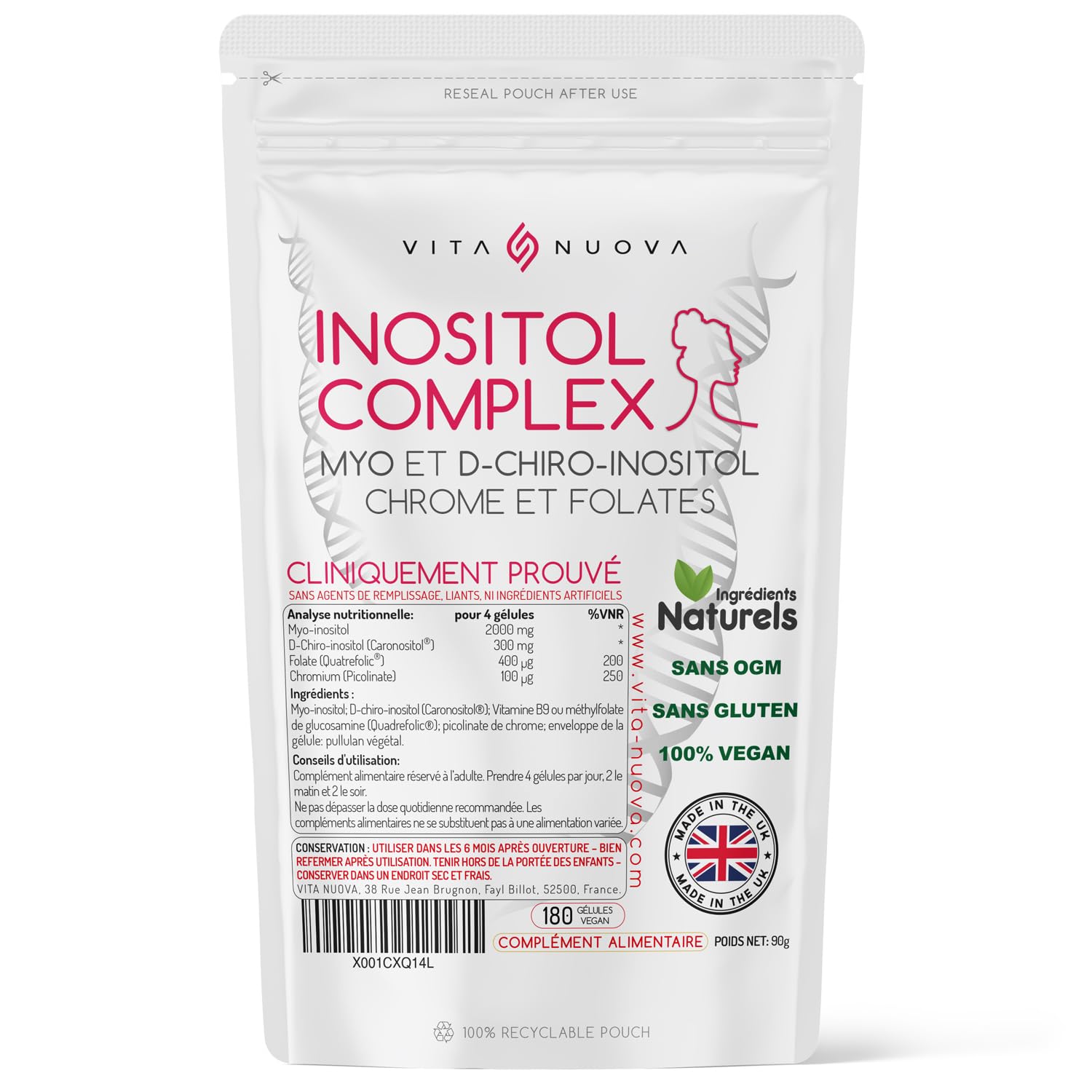 Myo et D Chiro Inositol avec Folate et Chrome - SOPK/PCOS - Sans Additifs