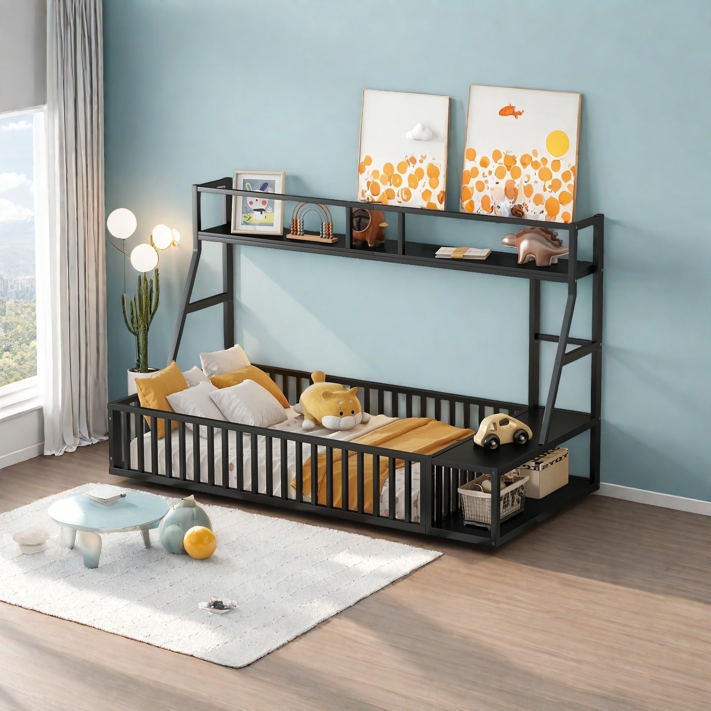 Full Size Floor Bed Frame with Desk and Shelves, Metal Floor Platform Bed with Safety Fence for Kids, Modern Metal Bed Frame, No Box Spring Needed, Black