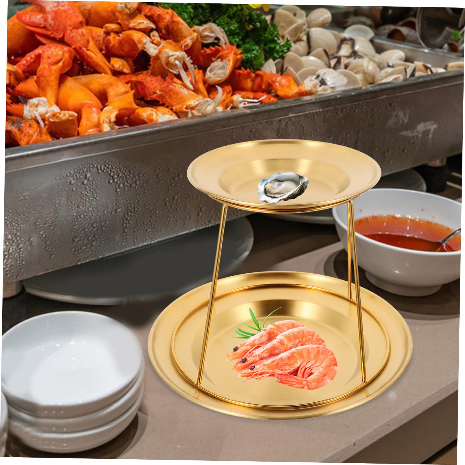 Soporte para Exhibición de Mariscos de Acero Inoxidable Doble Capa, Diseño Multifuncional y Fácil Limpieza, Adecuado para Buffet y Presentación Elegante