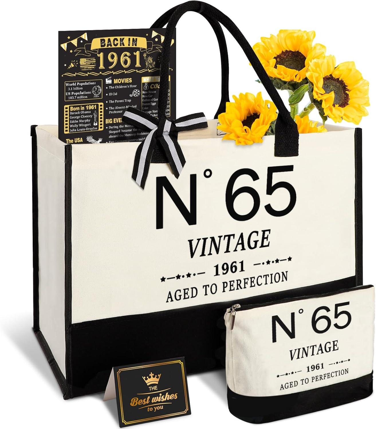 YeohJoy 65th Birthday Gifts for Women Canvas Tote Bag Travel Gear,Unique 65 Years Old Gifts for Wife Mom Sister Aunt Friends Her, Vintage N°65 Handbag & Cosmetic Bag & Back in 1961 Poster