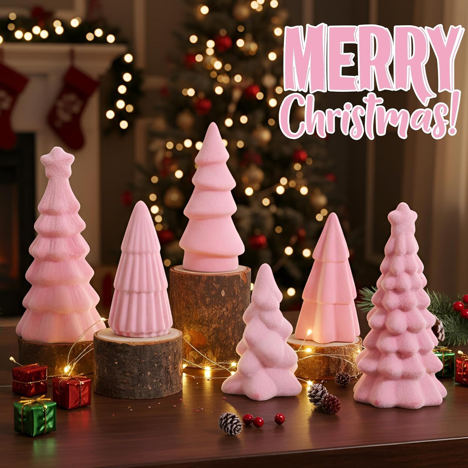 Bucherry 6 Pcs Christmas Ceramics Velvet Trees Set Christmas Table Decorations 3 Sizes Velvet Xmas Tree for Winter Holiday Table Centerpiece Decorations Mantel Decor Xmas Gifts(Pink) - Image 4