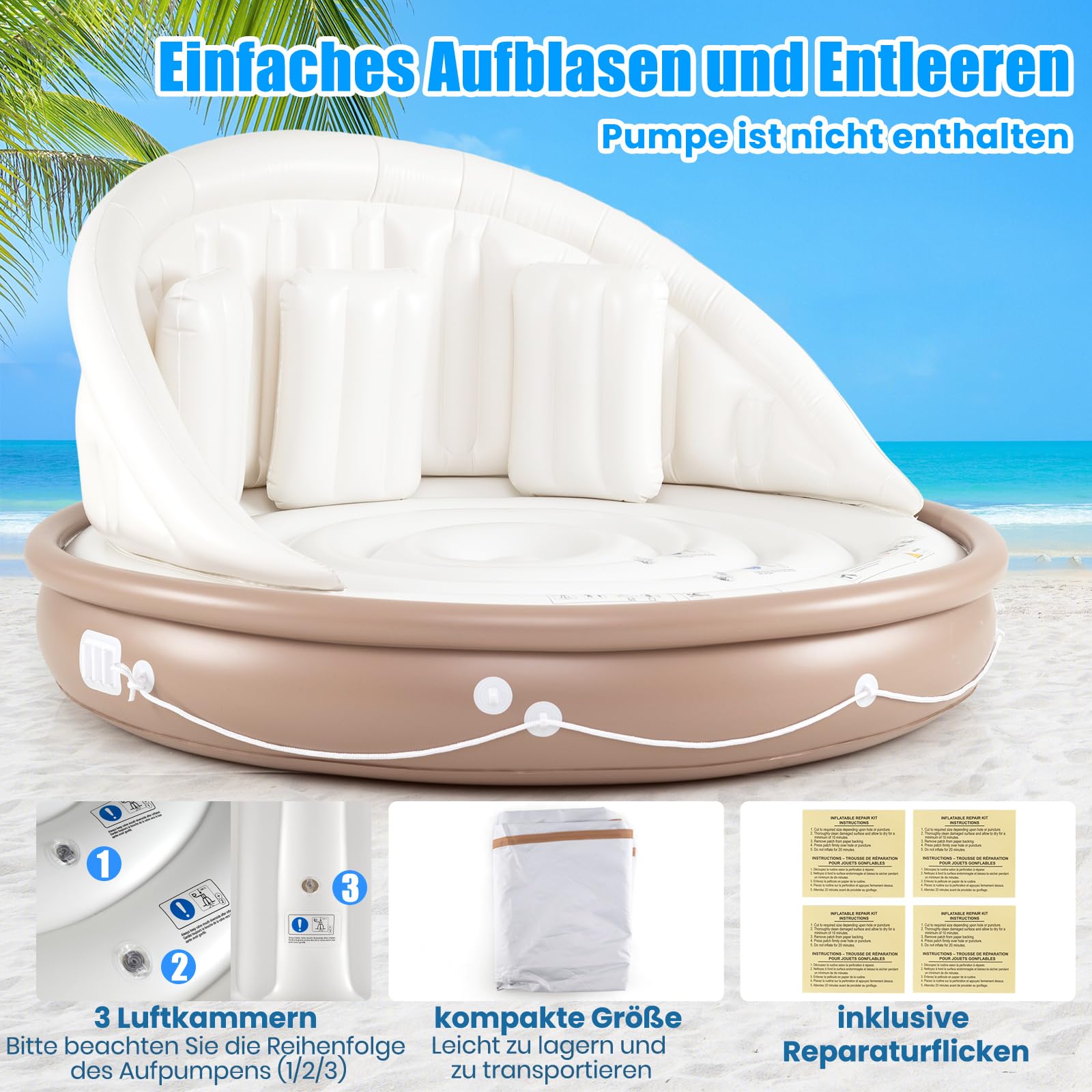GYMAX Badeinsel Aufblasbar XXL, 186 x 186 cm, Schwimminsel mit Abnehmbarem SPF 50+ Sonnendach & 3 Kissen, 200 kg Belastbare Aufblasbare Insel für 2 Personen, Luftmatratze Wasser für Pool & Meer