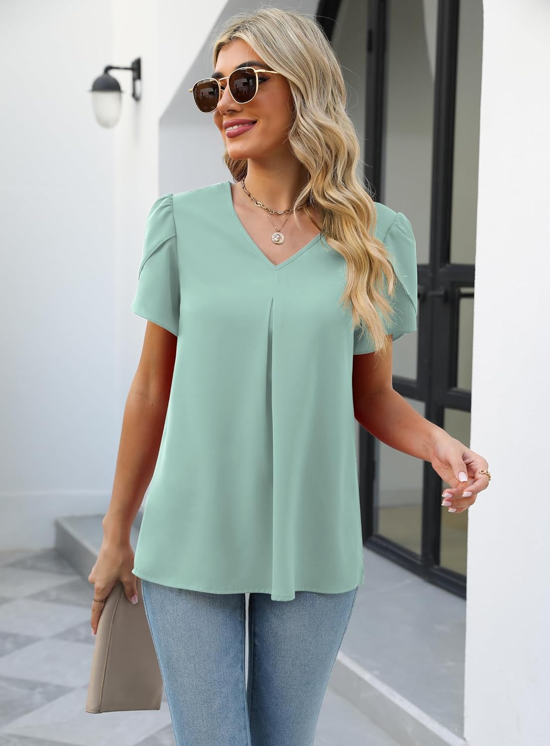 Funlingo Women's Summer Tops Short Sleeve Dressy Chiffon Blouses V Neck Work Tunic Tops Casual Loose T-Shirts - Image 7