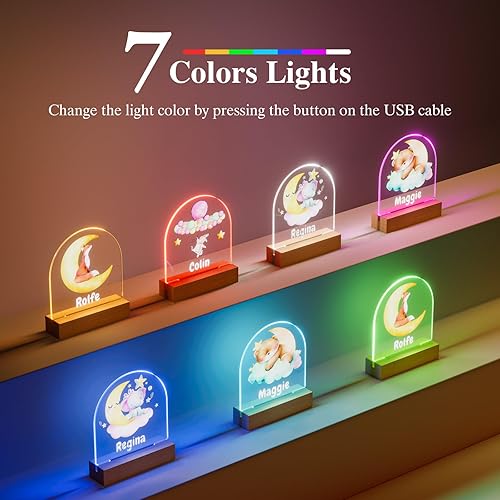 Miniatura 6 de Bemaystar Luz nocturna de elefante, lámpara infantil personalizada, nombre personalizado, alimentado por USB, acrílico moderno, brillo ajustable,