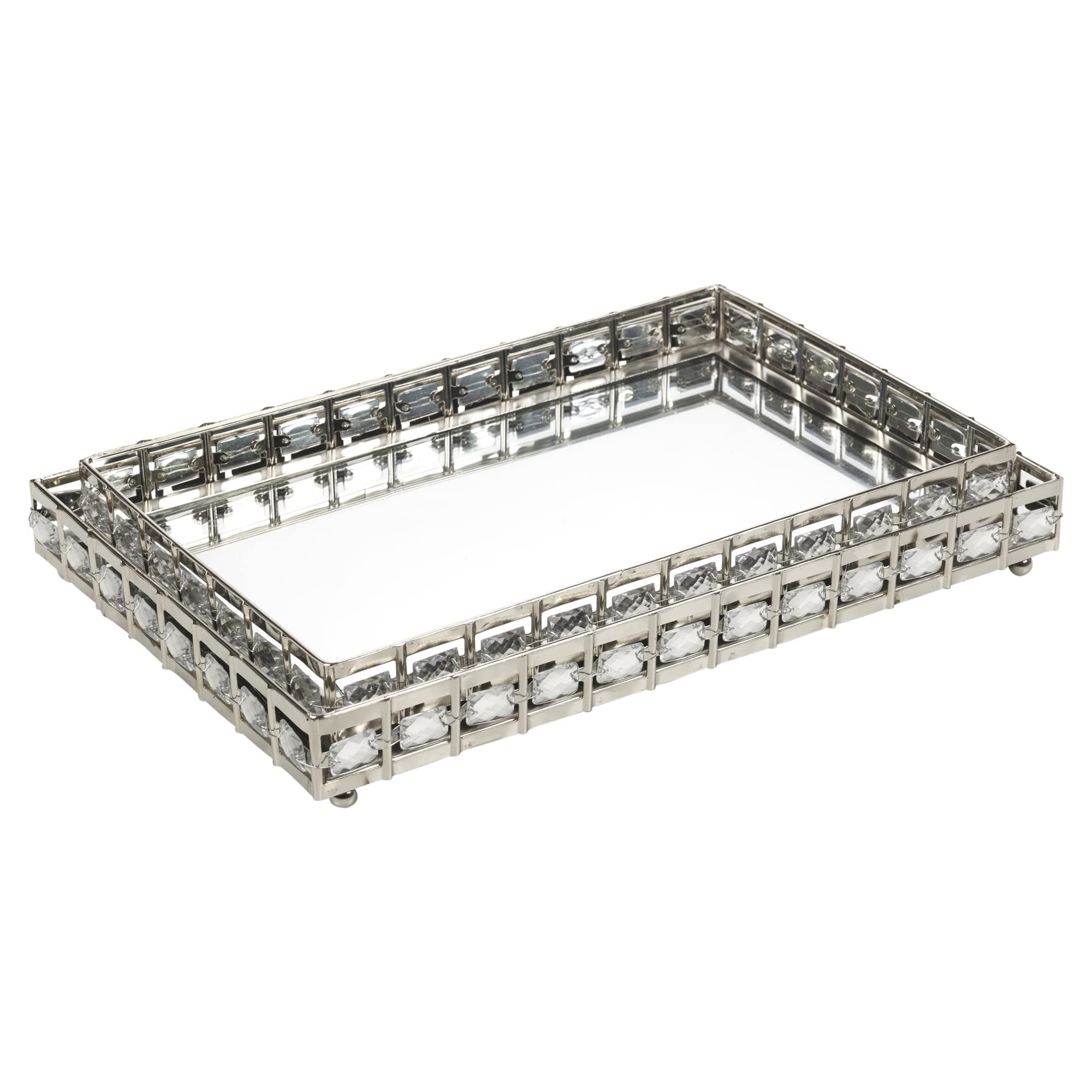 Urbnliving Girls 2Pc Rectangular Set Rectangle Or Round Sparkly Silver Mirror Nesting Tray Set Candle Decorative Centerpiece Gift (2Pc Rectangular Set)
