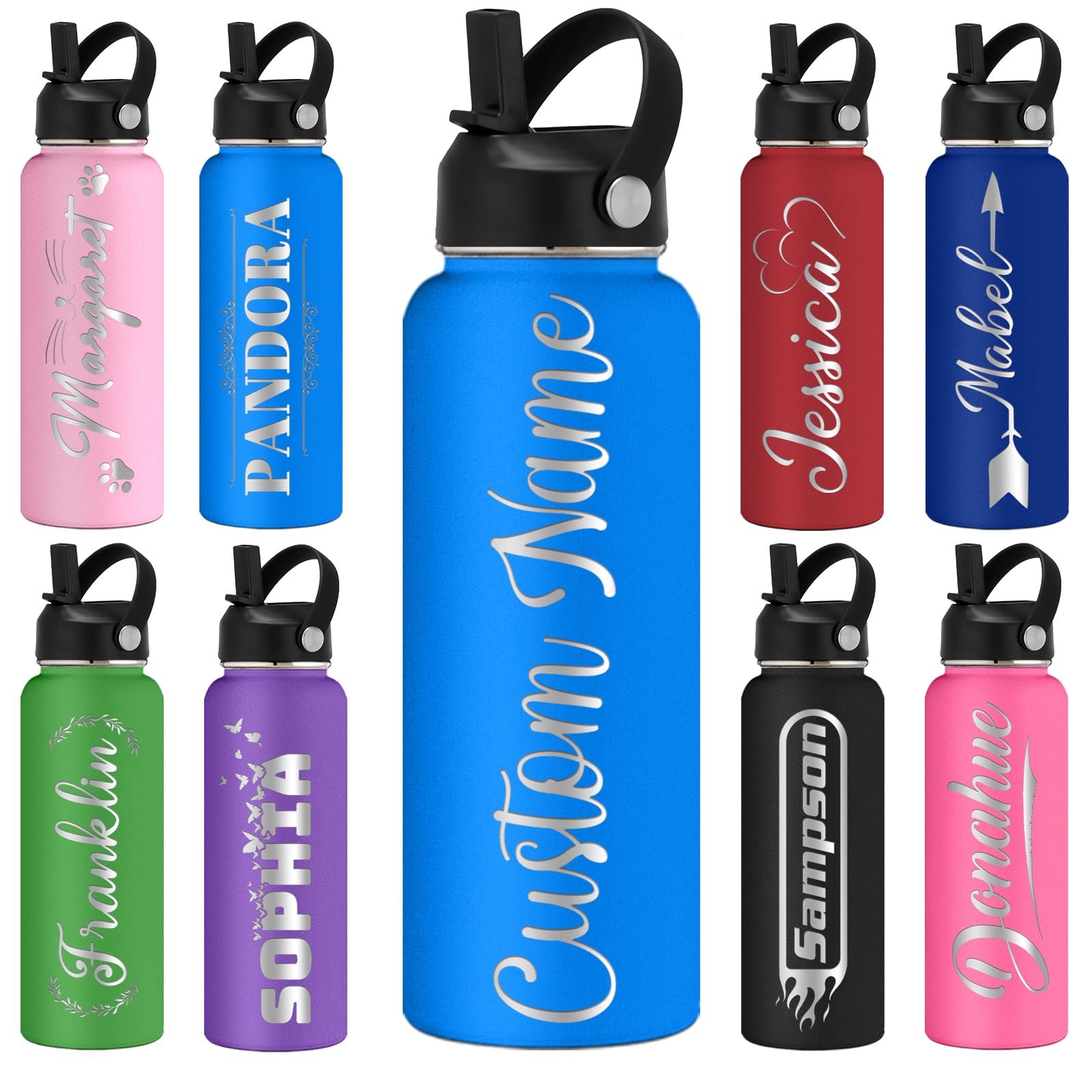 Greaxid Personalized Water Bottles with Straw Lid Custom Water Bottle 40oz Customize Engraved Name Stainless Steel Insulated Sport Bottles for School